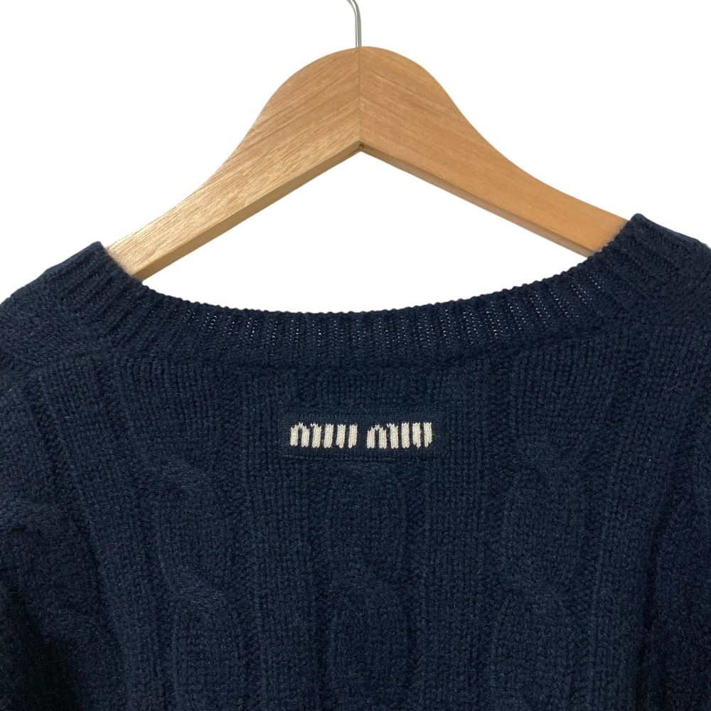 Miu Miu Back Logo Embroidery Cable Knit Cashmere Sweater Navy Autumn Winter 36 — view 4
