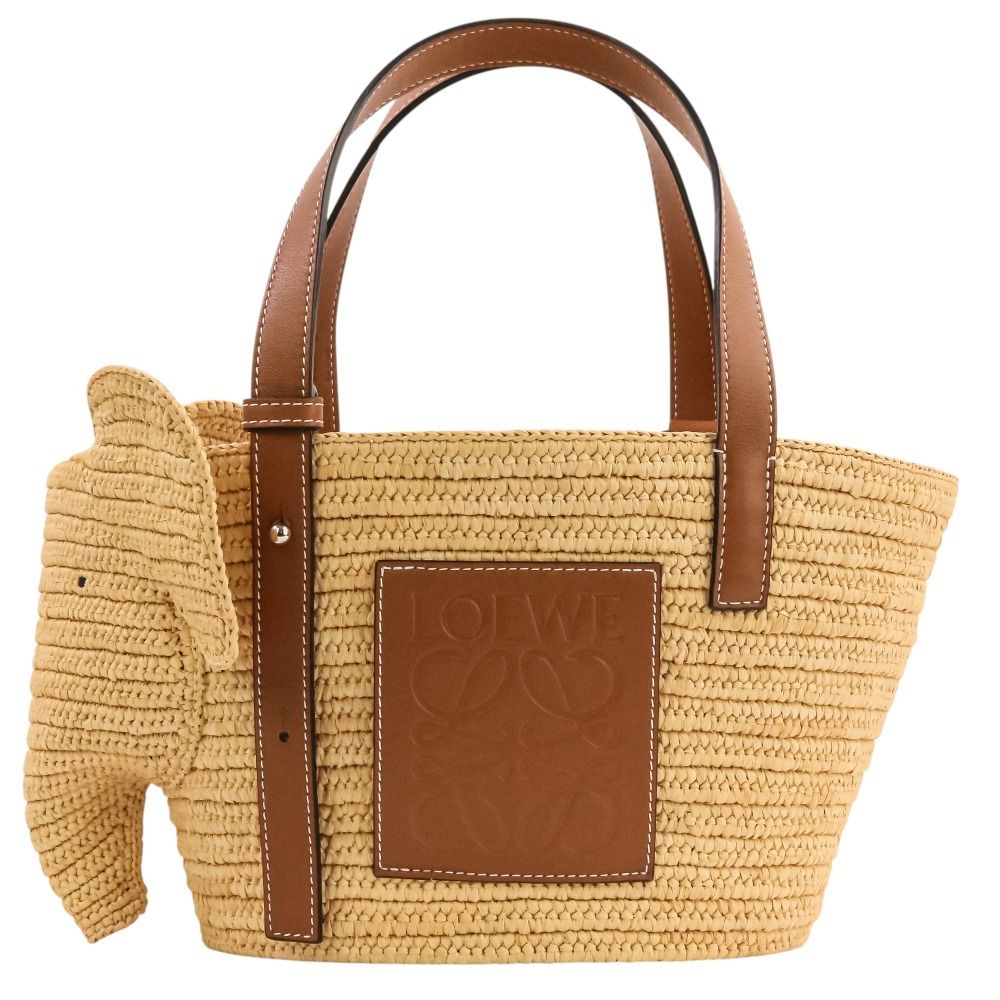 Loewe Elephant Basket Small Raffia & Calfskin Tote Bag Natural Brown