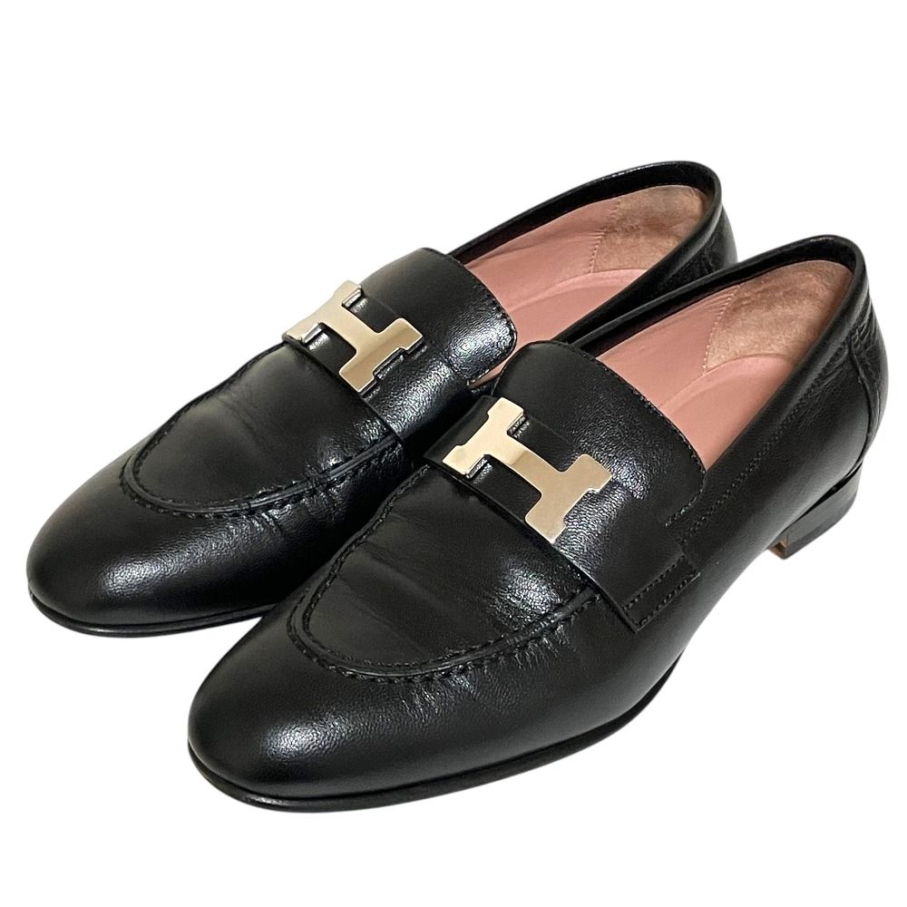 Hermes Paris H Logo Buckle Moccasins Leather Loafers Shoes Black