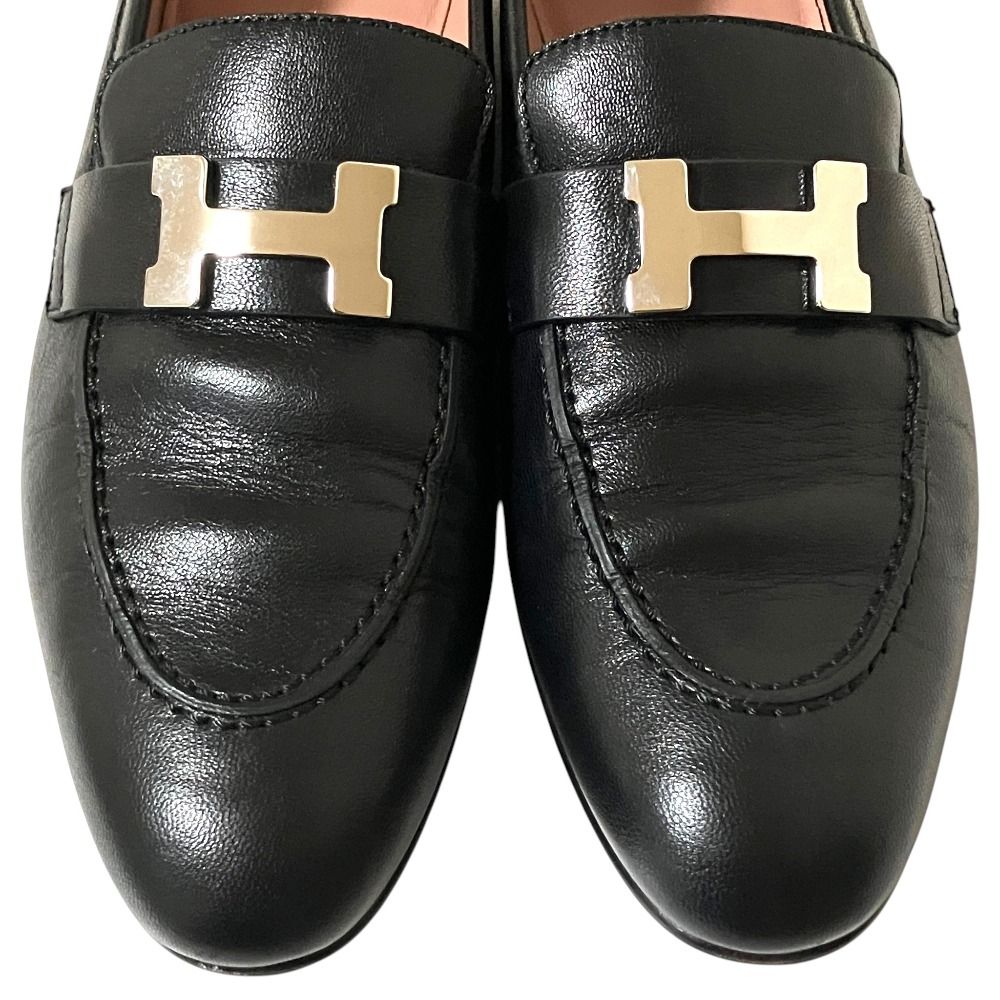 Hermes Paris H Logo Buckle Moccasins Leather Loafers Shoes Black — view 5