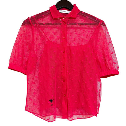 Dior Short Sleeve Sheer Heart Lace Blouse Shirt Pink Spring Summer
