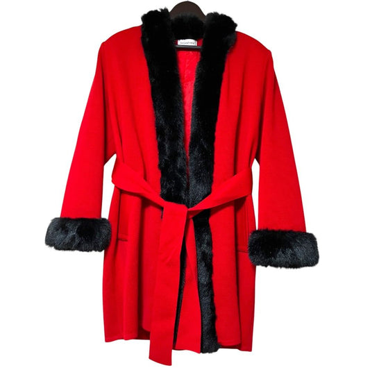 Saint Laurent Vintage Faux Fur Trim Knit Belted Coat Red Black Autumn Winter M