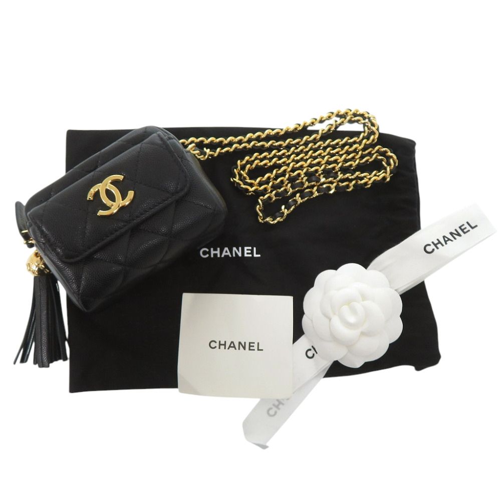 Chanel CC Logo Quilted Mini Fringe Chain Shoulder Caviar Leather Black Bag — view 2