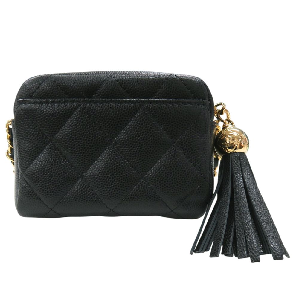 Chanel CC Logo Quilted Mini Fringe Chain Shoulder Caviar Leather Black Bag — view 3