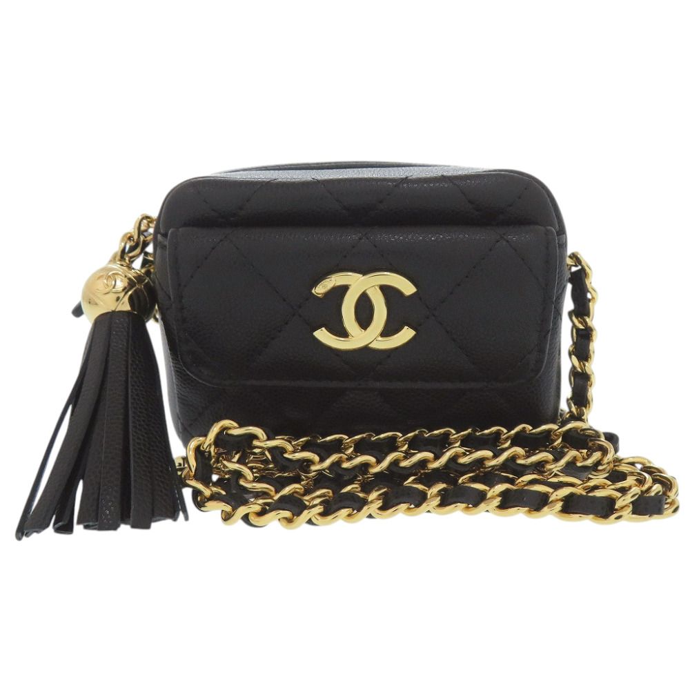 Chanel CC Logo Quilted Mini Fringe Chain Shoulder Caviar Leather Black Bag