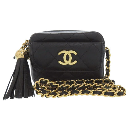 Chanel CC Logo Quilted Mini Fringe Chain Shoulder Caviar Leather Black Bag