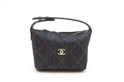 Chanel Quilted Bag Charm Navy Gold Denim Leather