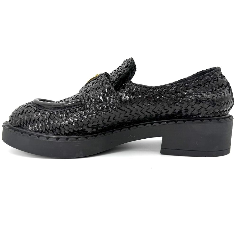 Prada Loafers Triangle Logo Braided Shoes Leather Black Gold — view 2