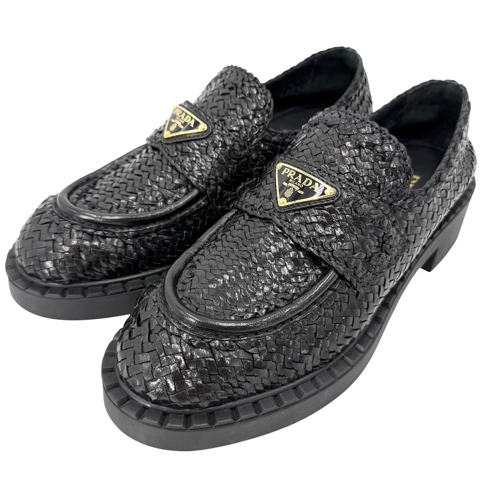 Prada Loafers Triangle Logo Braided Shoes Leather Black Gold