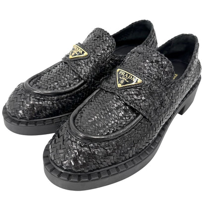 Prada Loafers Triangle Logo Braided Shoes Leather Black Gold