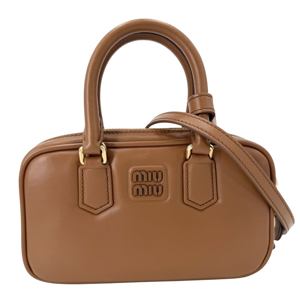 Miu Miu 2-Way Arcadi Mini Shoulder Bag Crossbody Leather Brown Gold