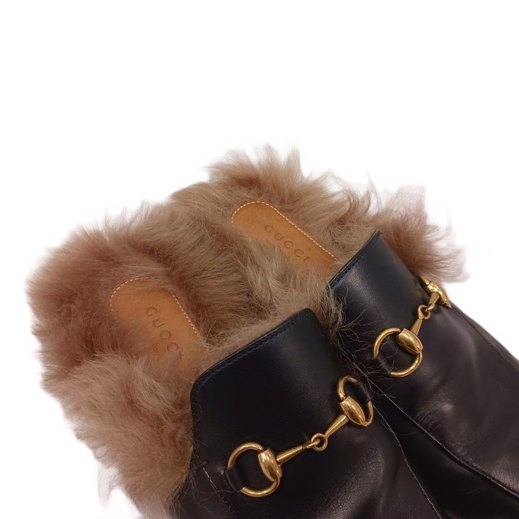 Gucci Prince Town Horsebit Mules Leather Fur Black Brown — view 7