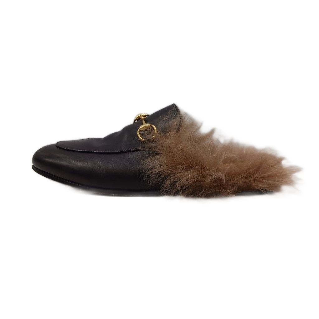Gucci Prince Town Horsebit Mules Leather Fur Black Brown — view 2