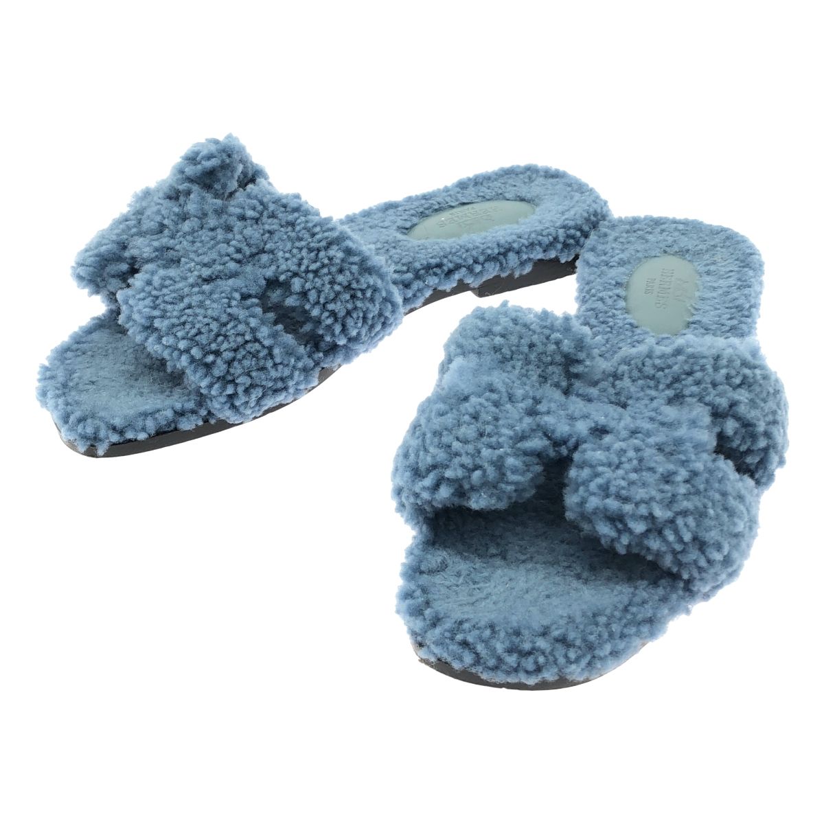 Hermes Oran Shearling Blue Sandals