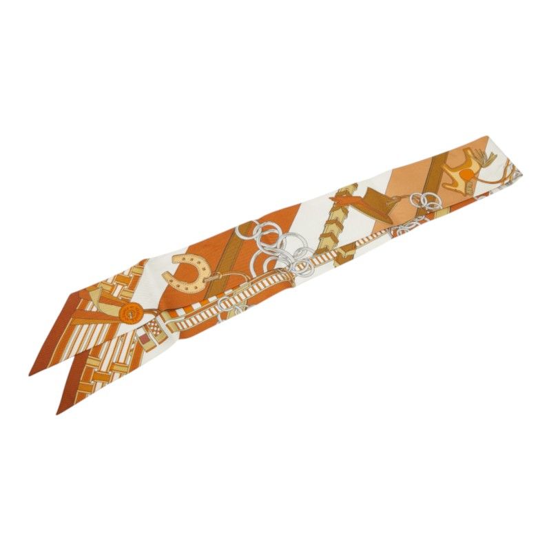 Hermes Twilly Brides Et Gray Bridle and Charm Scarf Beige Multicolor Silk