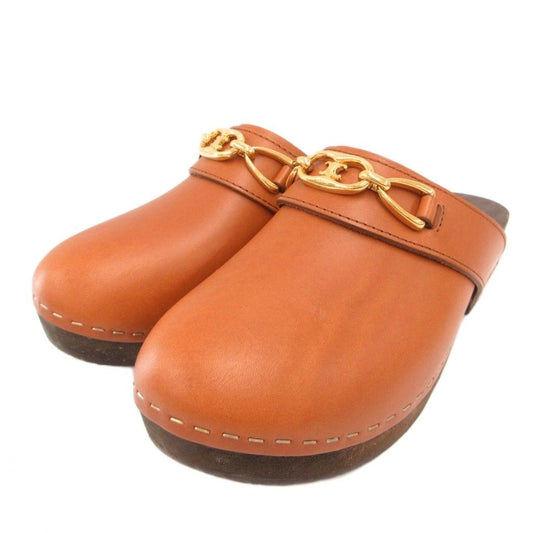 Celine les Bois Clog Sandals Shoes Chain Motif Brown Triomphe