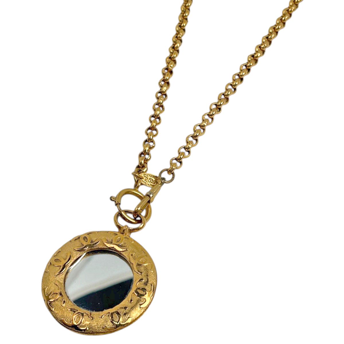 Chanel Necklace CC Logo Mirror Round Long Gold Plated