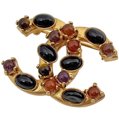 Chanel Brooch CC Logo Color Stone Gold