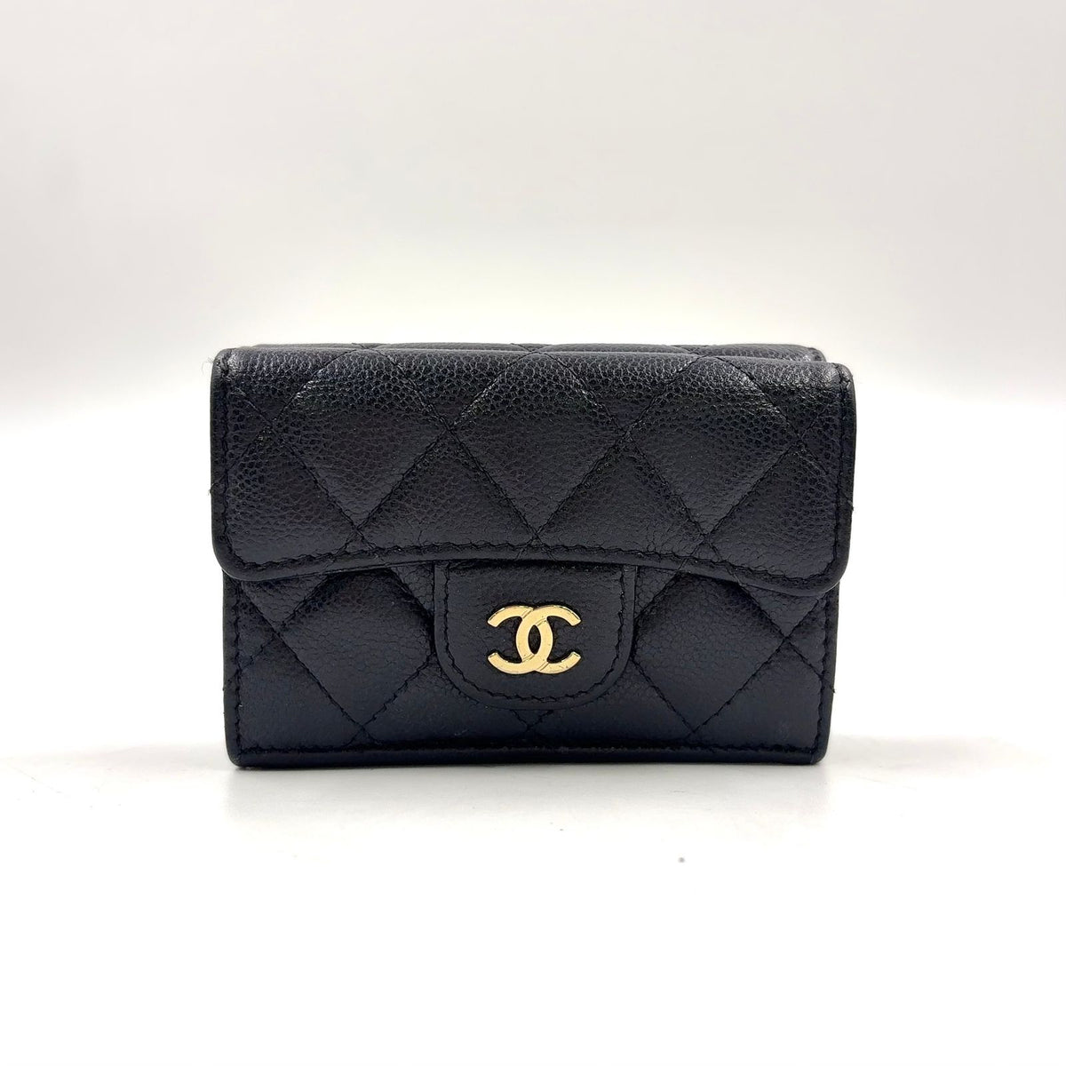 Chanel CC Logo Small Random Caviar Leather Black Trifold Wallet Gold
