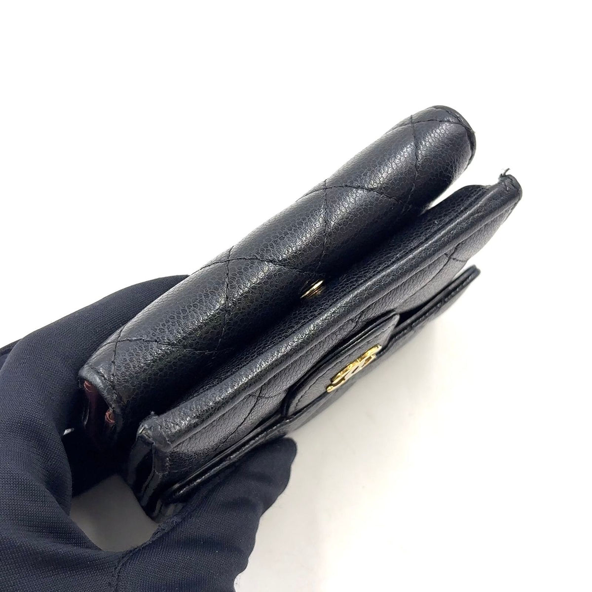 Chanel CC Logo Small Random Caviar Leather Black Trifold Wallet Gold — view 8