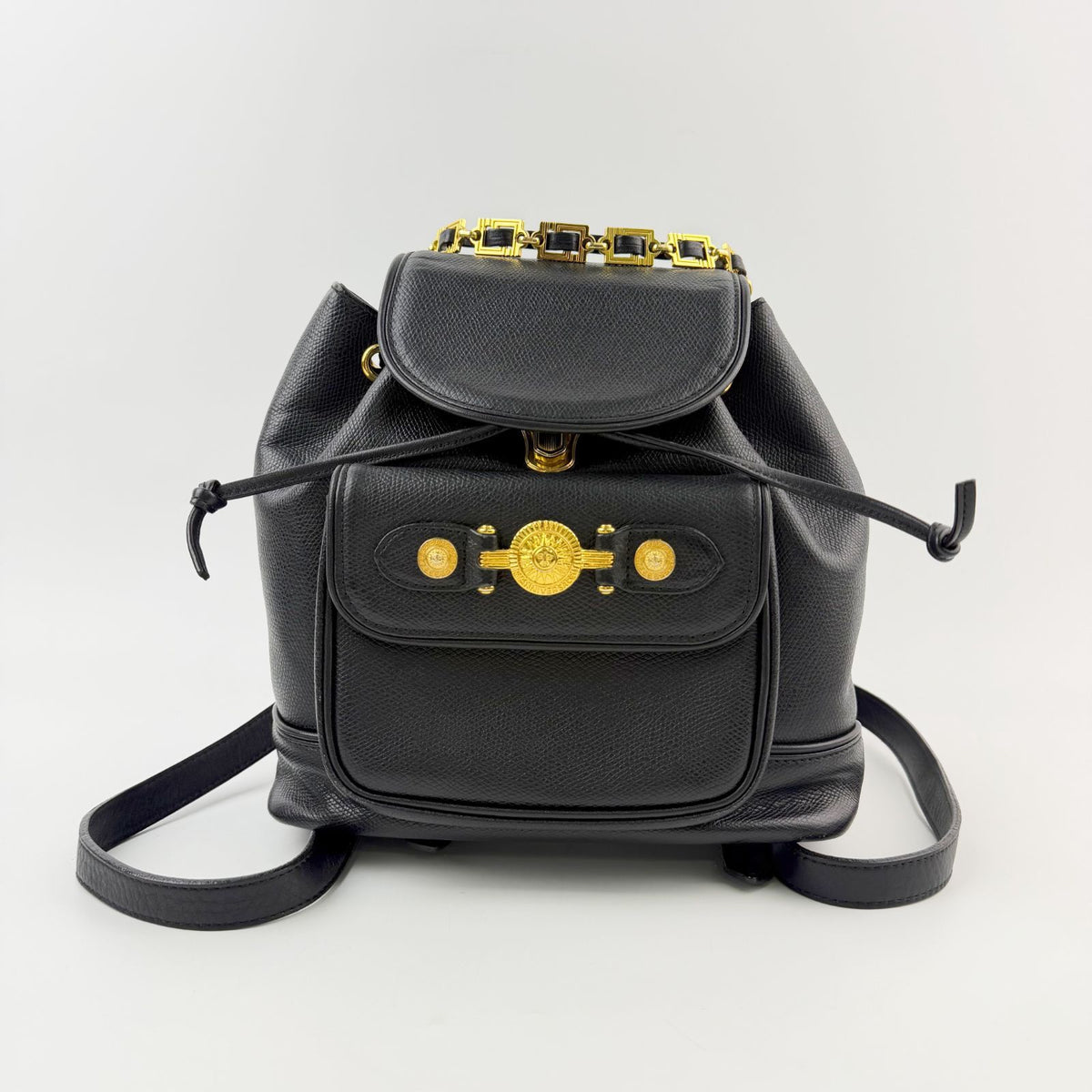 Versace Gianni Sunburst Chain Handle Drawstring Backpack Leather Black Gold