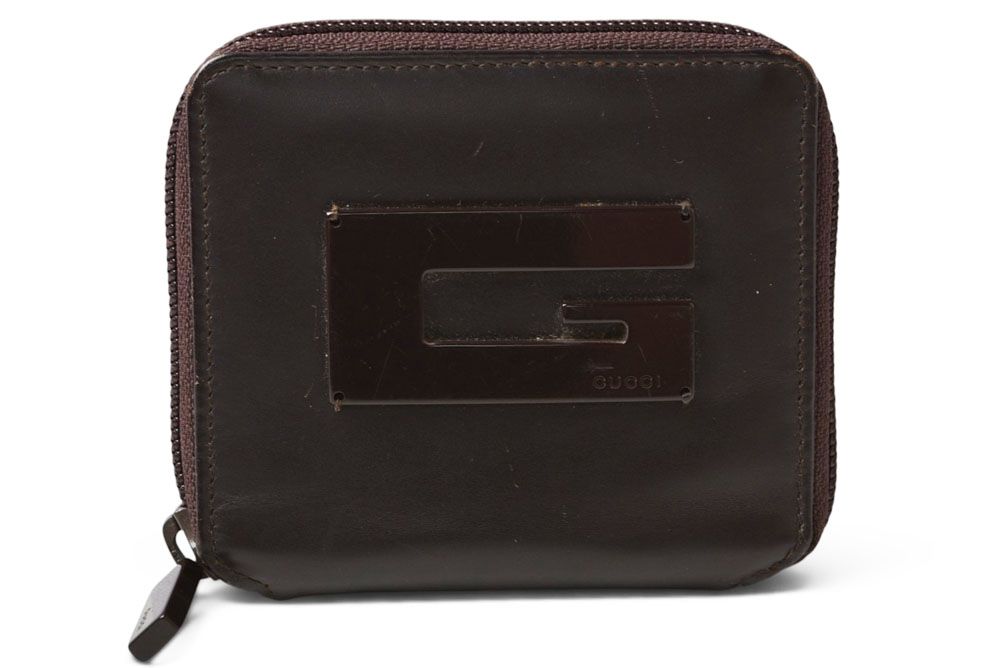 Gucci Coin Purse Card Case Vintage Mini Wallet G Plate Calfskin Brown
