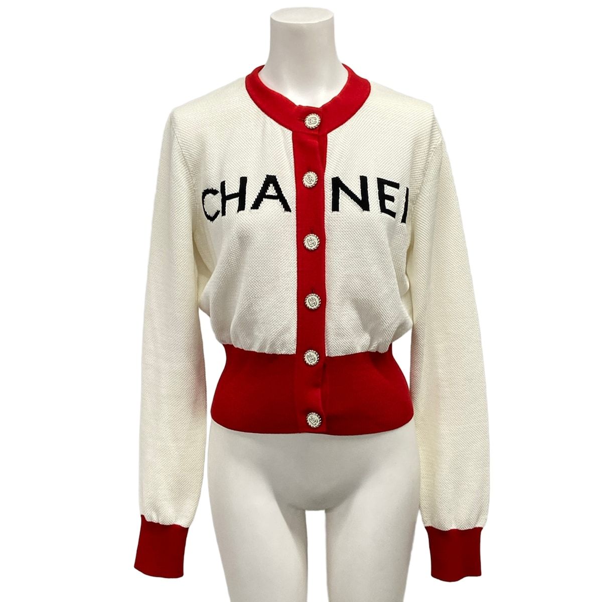 Chanel Cardigan Ivory Red Black Logo Cotton