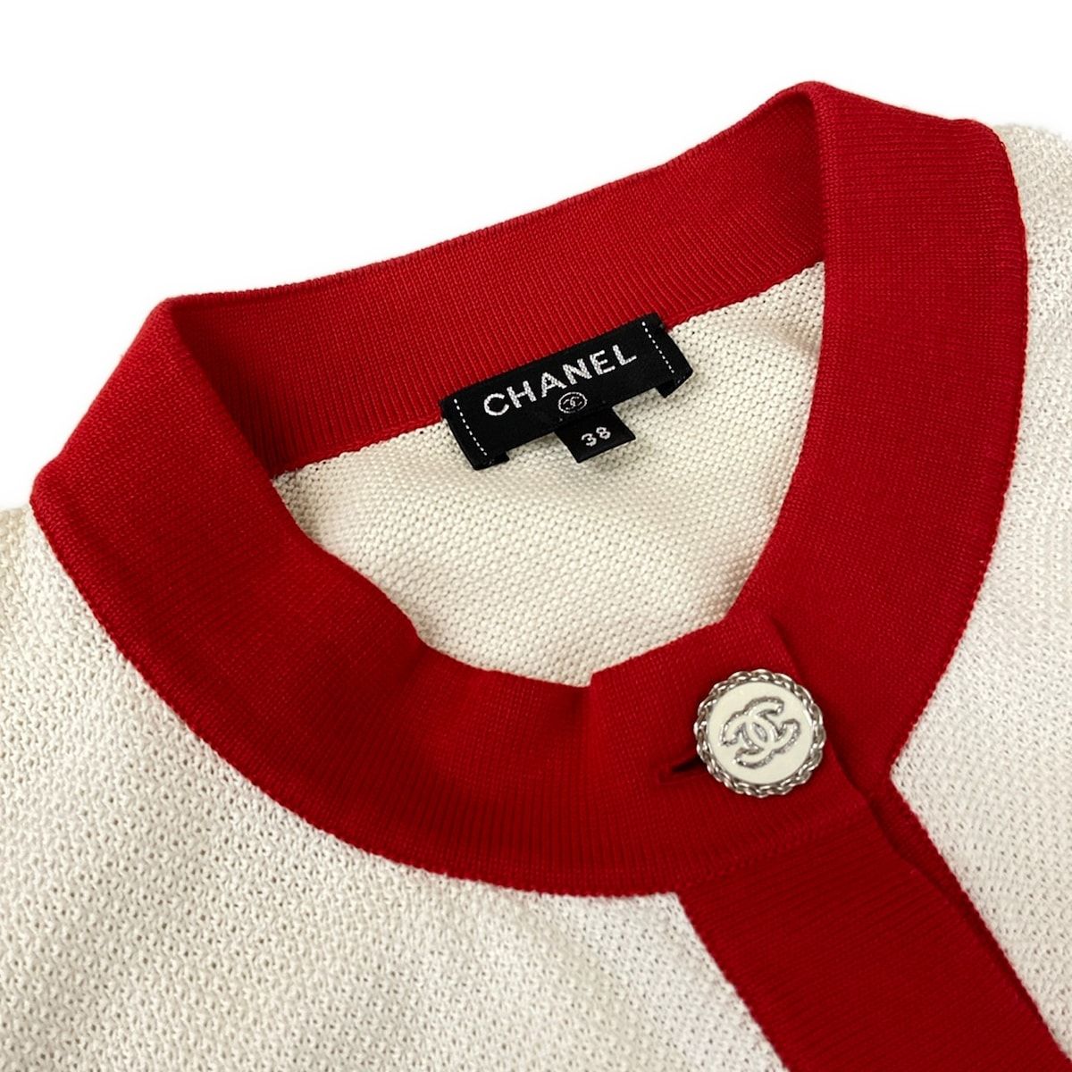 Chanel Cardigan Ivory Red Black Logo Cotton — view 8
