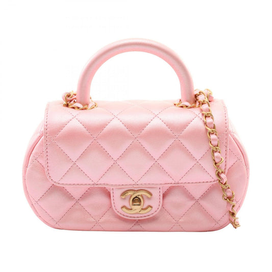 Chanel Shoulder Bag Quilted Top Handle 2-Way Pearl Pink Fabric Chain