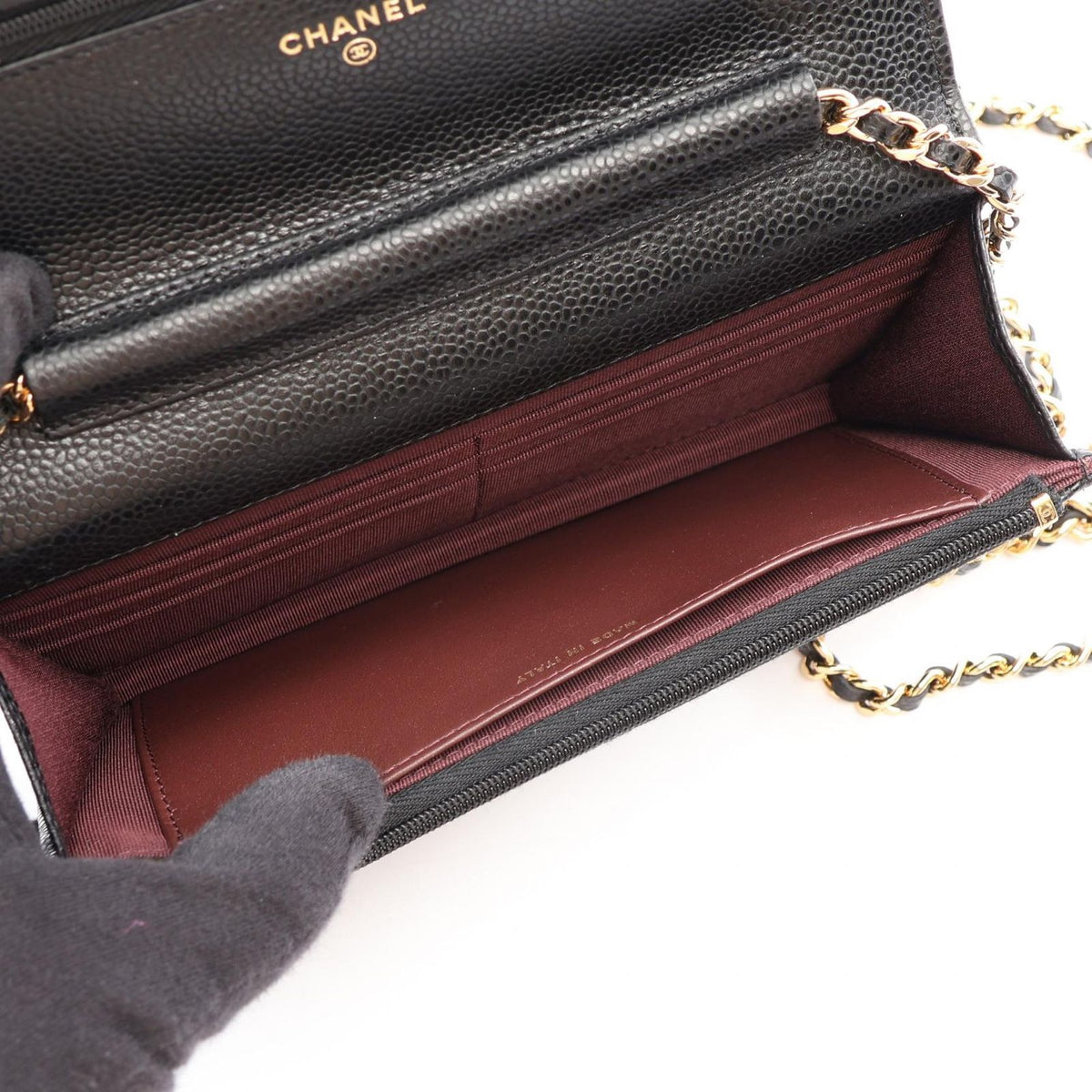 Chanel Shoulder Bag Quilted Black Caviar Leather Chain Wallet — view 3
