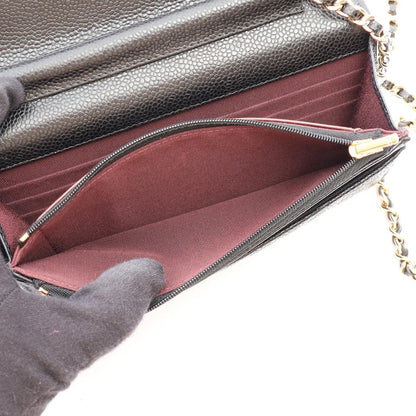 Chanel Shoulder Bag Quilted Black Caviar Leather Chain Wallet — view 4