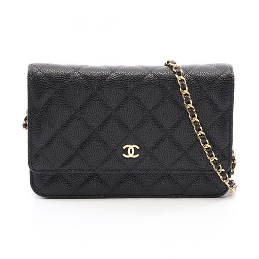 Chanel Shoulder Bag Quilted Black Caviar Leather Chain Wallet