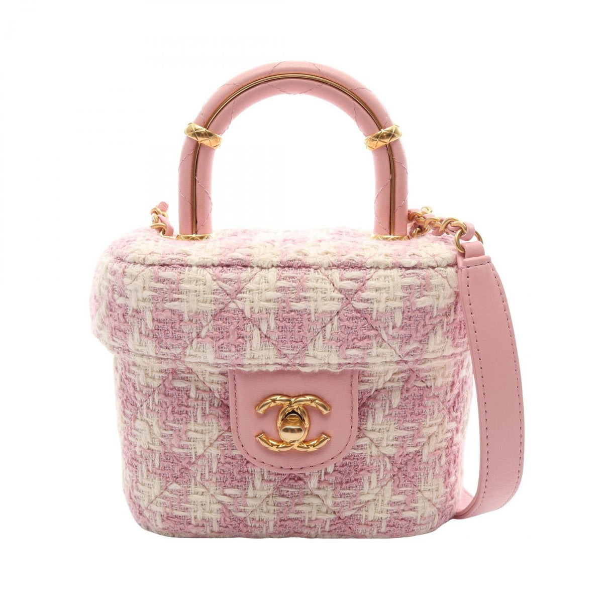 Chanel Shoulder Bag Quilted Vanity 2-Way Pink White Fabric Leather Small Chain