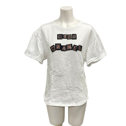 Chanel Short Sleeve Top S White Black Pink Rhinestone Sweatshirt Cotton
