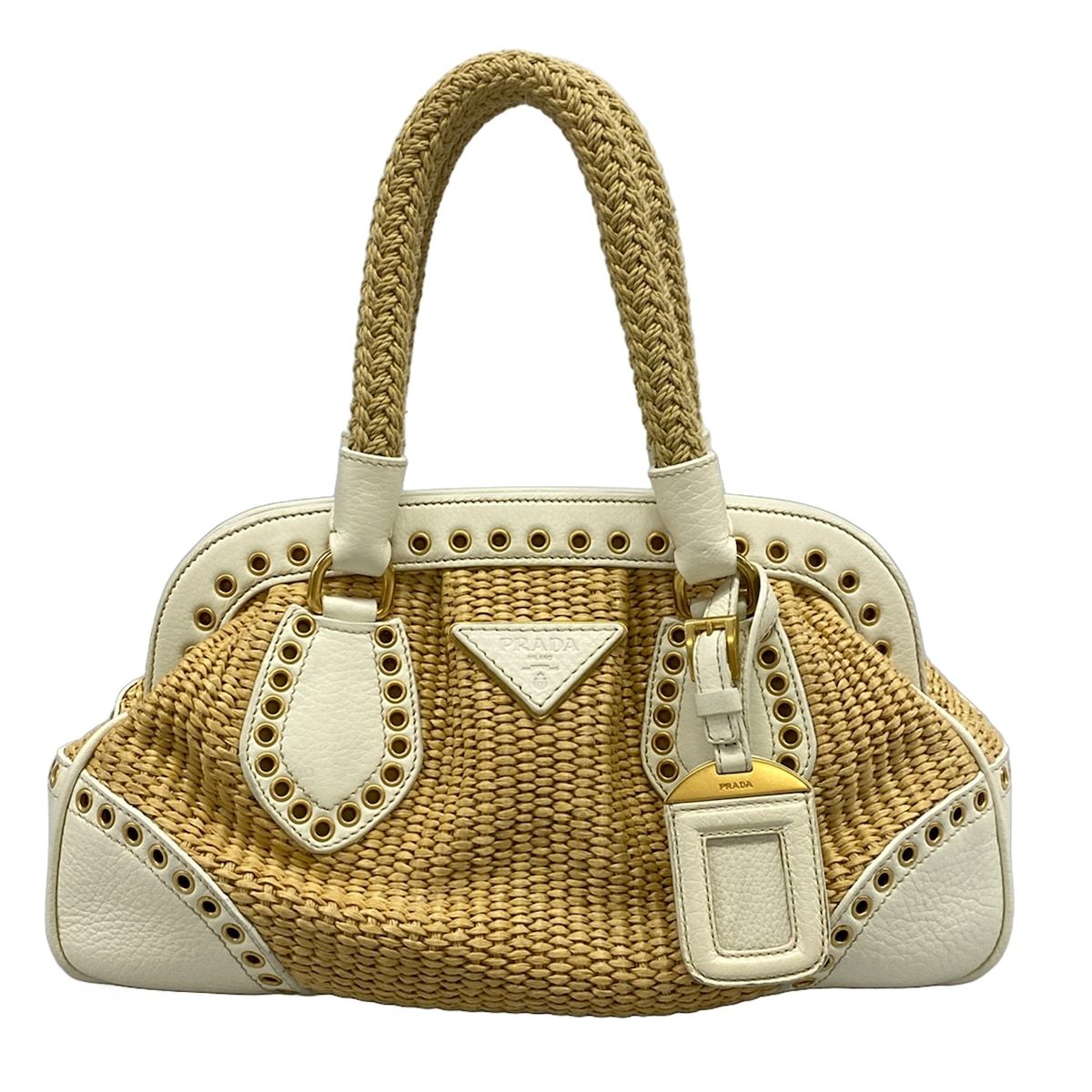 Prada Handbag Beige White Kiss Lock Leather Tag