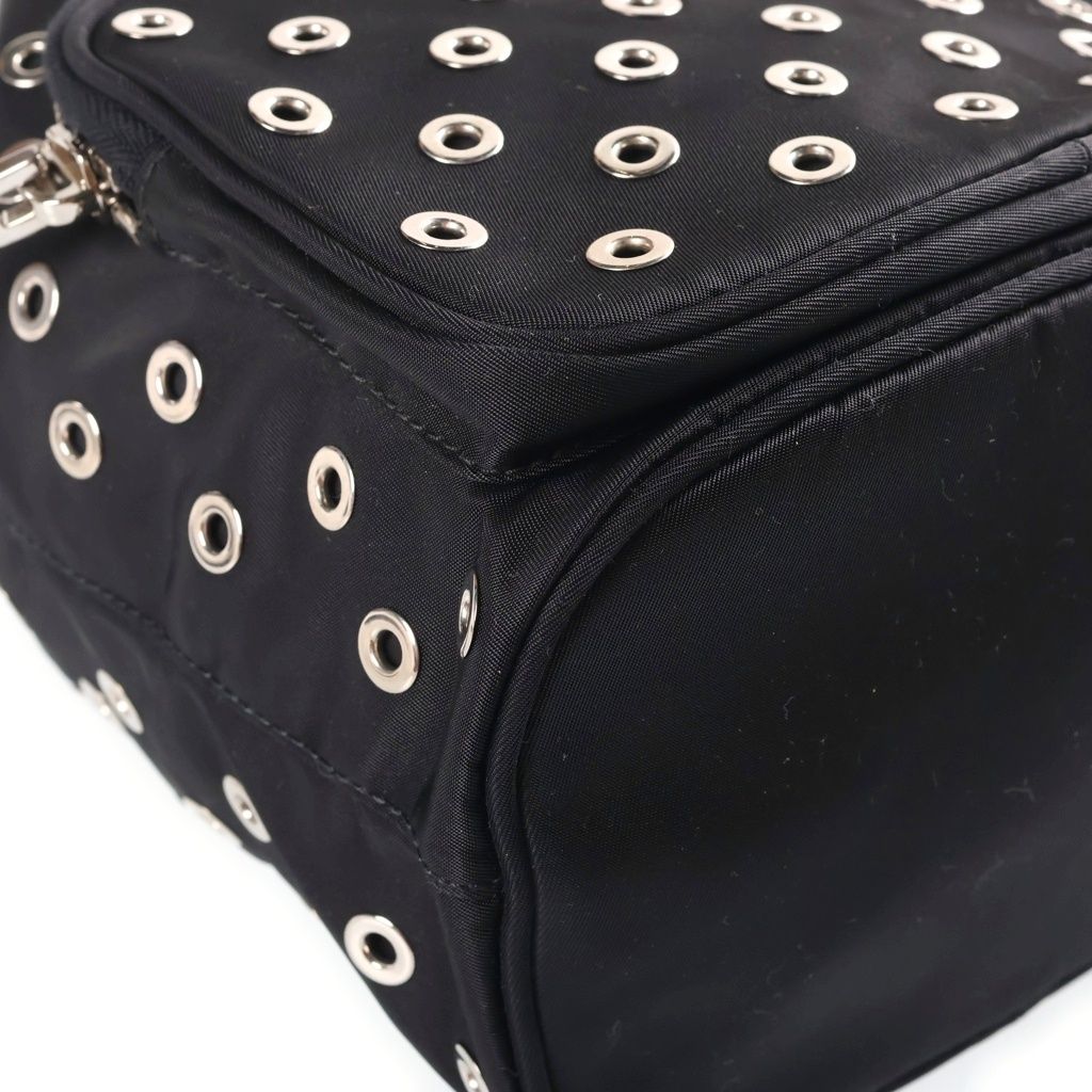 Prada Perforated 2-Way Shoulder Bag Black Leather Nylon Silver — view 5
