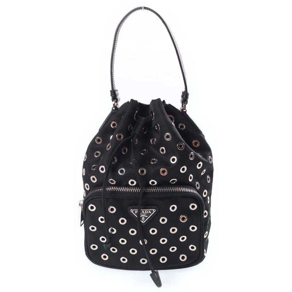 Prada Perforated 2-Way Shoulder Bag Black Leather Nylon Silver