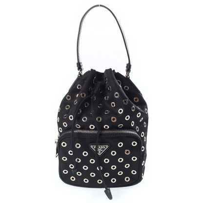 Prada Perforated 2-Way Shoulder Bag Black Leather Nylon Silver