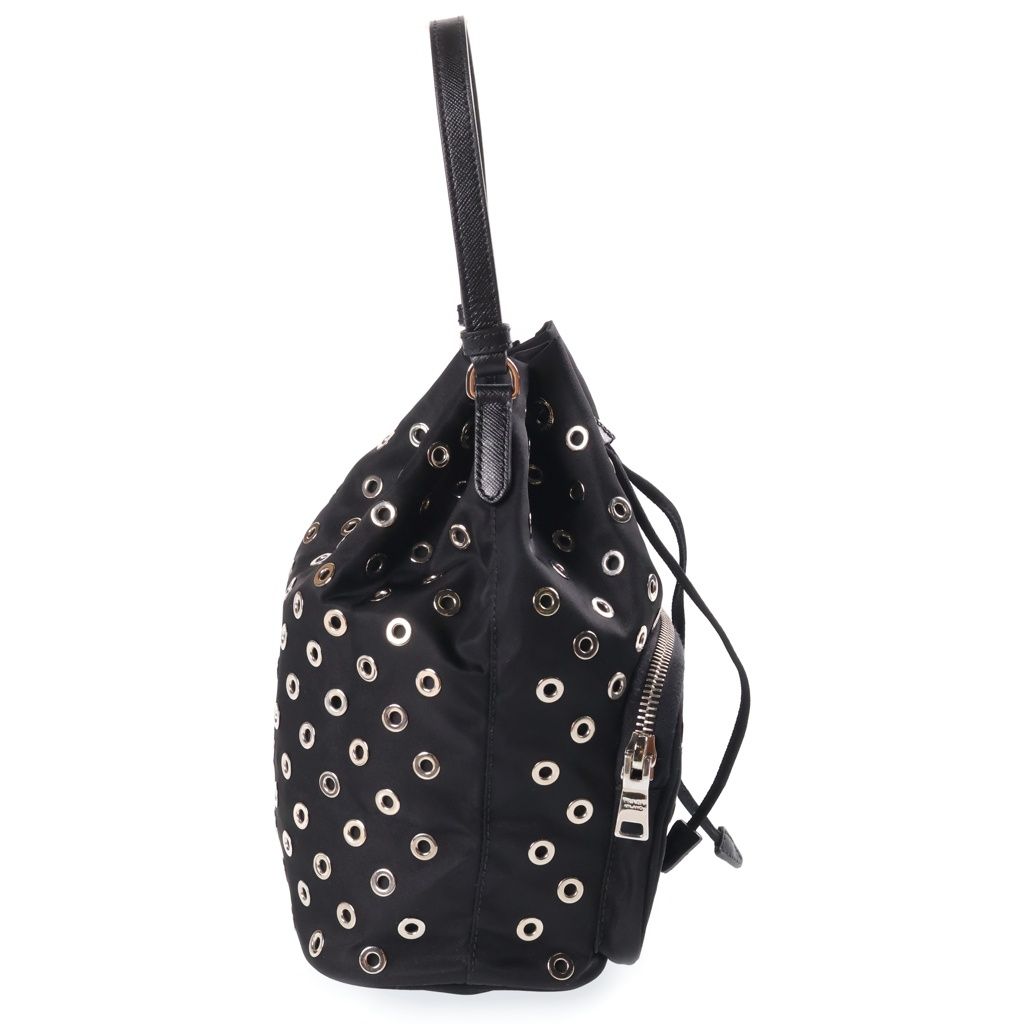 Prada Perforated 2-Way Shoulder Bag Black Leather Nylon Silver — view 3