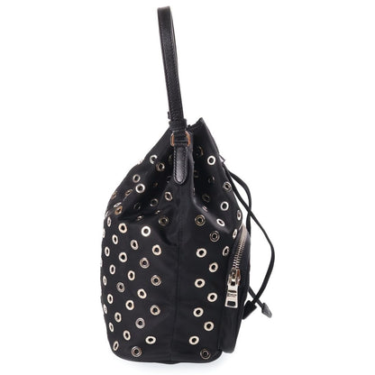 Prada Perforated 2-Way Shoulder Bag Black Leather Nylon Silver — view 3