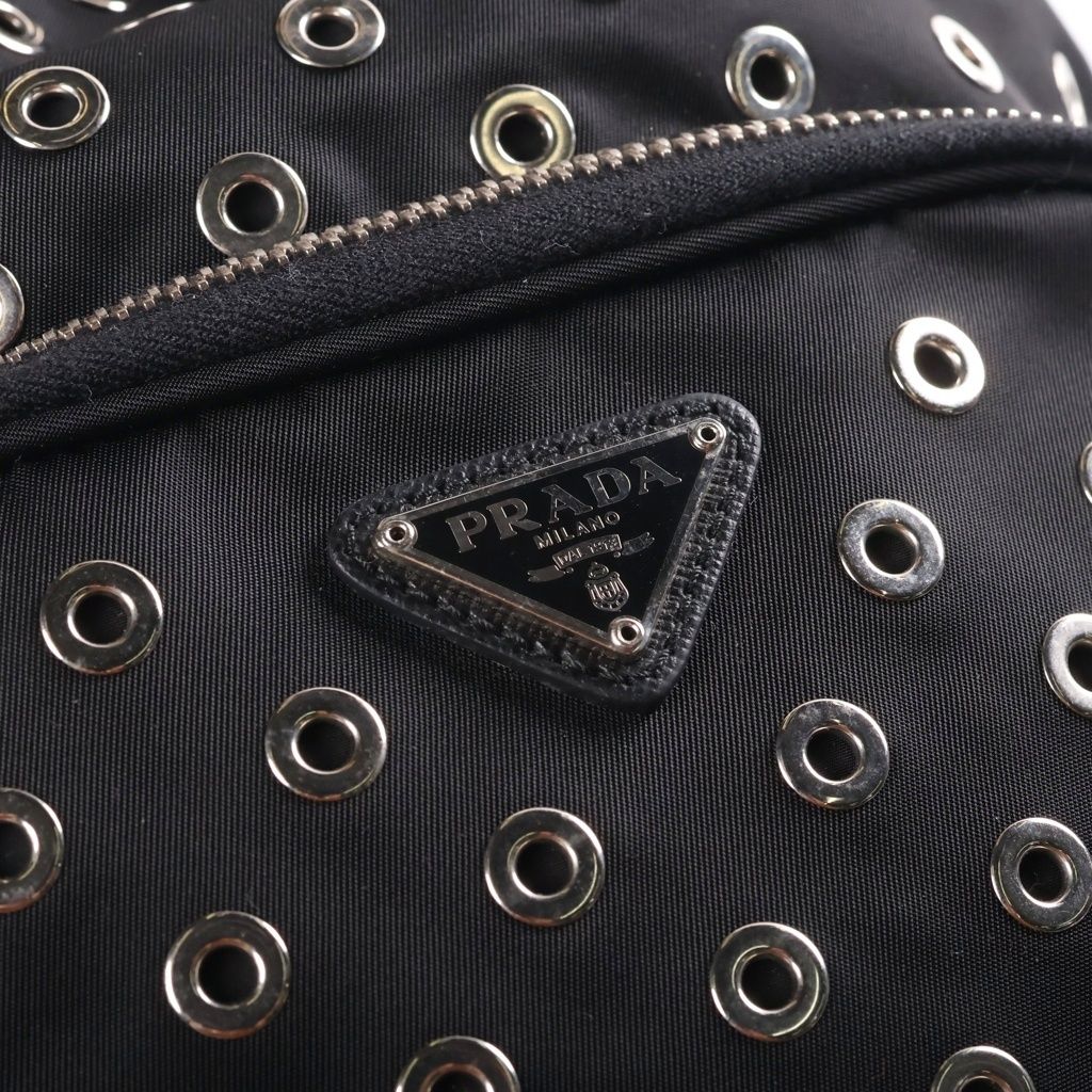 Prada Perforated 2-Way Shoulder Bag Black Leather Nylon Silver — view 6