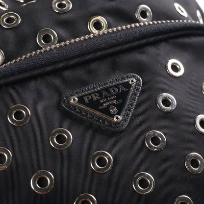 Prada Perforated 2-Way Shoulder Bag Black Leather Nylon Silver — view 6