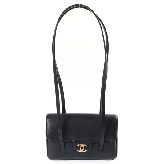 Chanel Strap Clutch CC Logo Caviar Leather Shoulder Bag Black Gold Seal