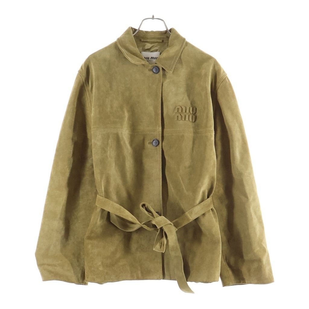 Miu Miu Leather Jacket Suede Embossed Logo Wax Button Up Brown