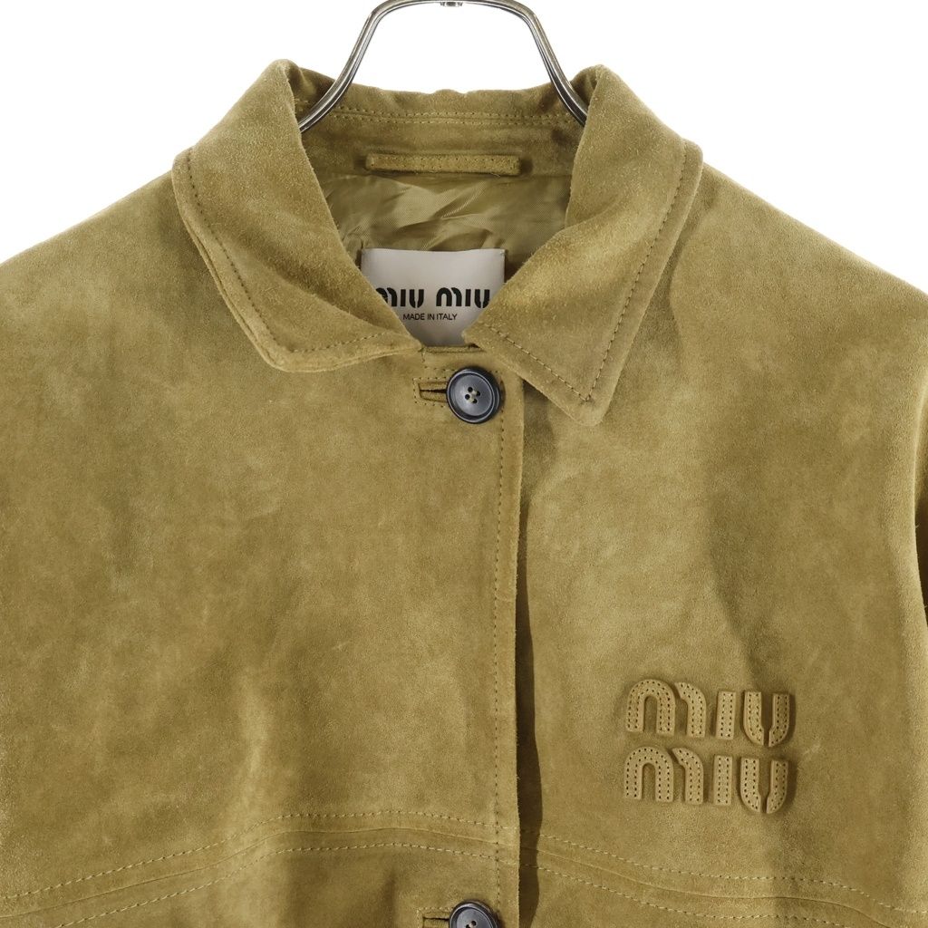 Miu Miu Leather Jacket Suede Embossed Logo Wax Button Up Brown — view 3