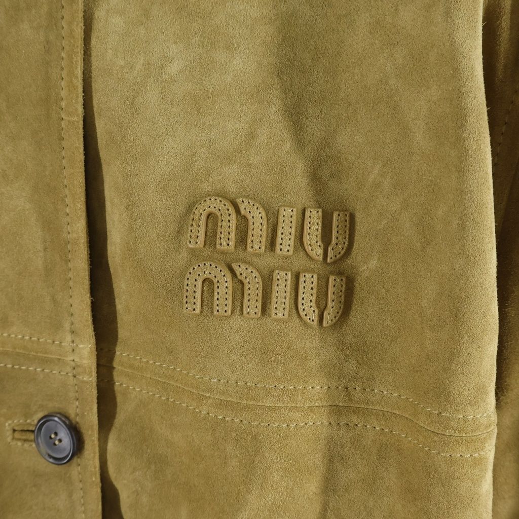 Miu Miu Leather Jacket Suede Embossed Logo Wax Button Up Brown — view 4