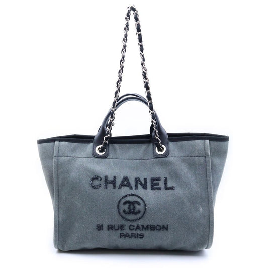 Chanel Deauville Tote Bag Sequin Black Gray Canvas Leather