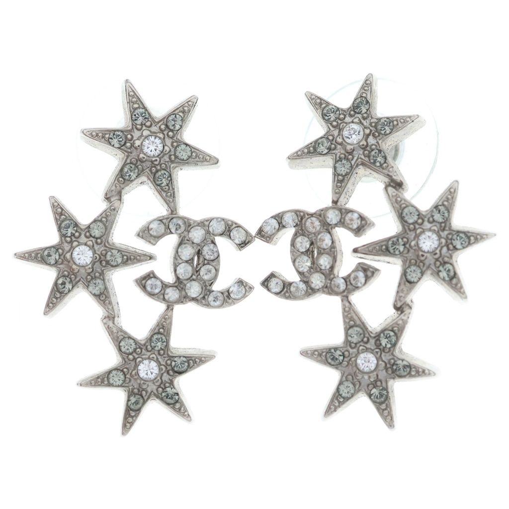 Chanel CC Logo Star Rhinestone Earrings Silver Metal