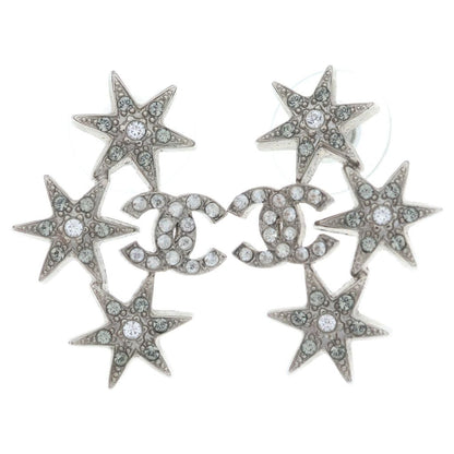 Chanel CC Logo Star Rhinestone Earrings Silver Metal