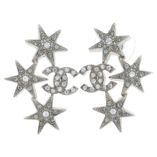 Chanel CC Logo Star Rhinestone Earrings Silver Metal